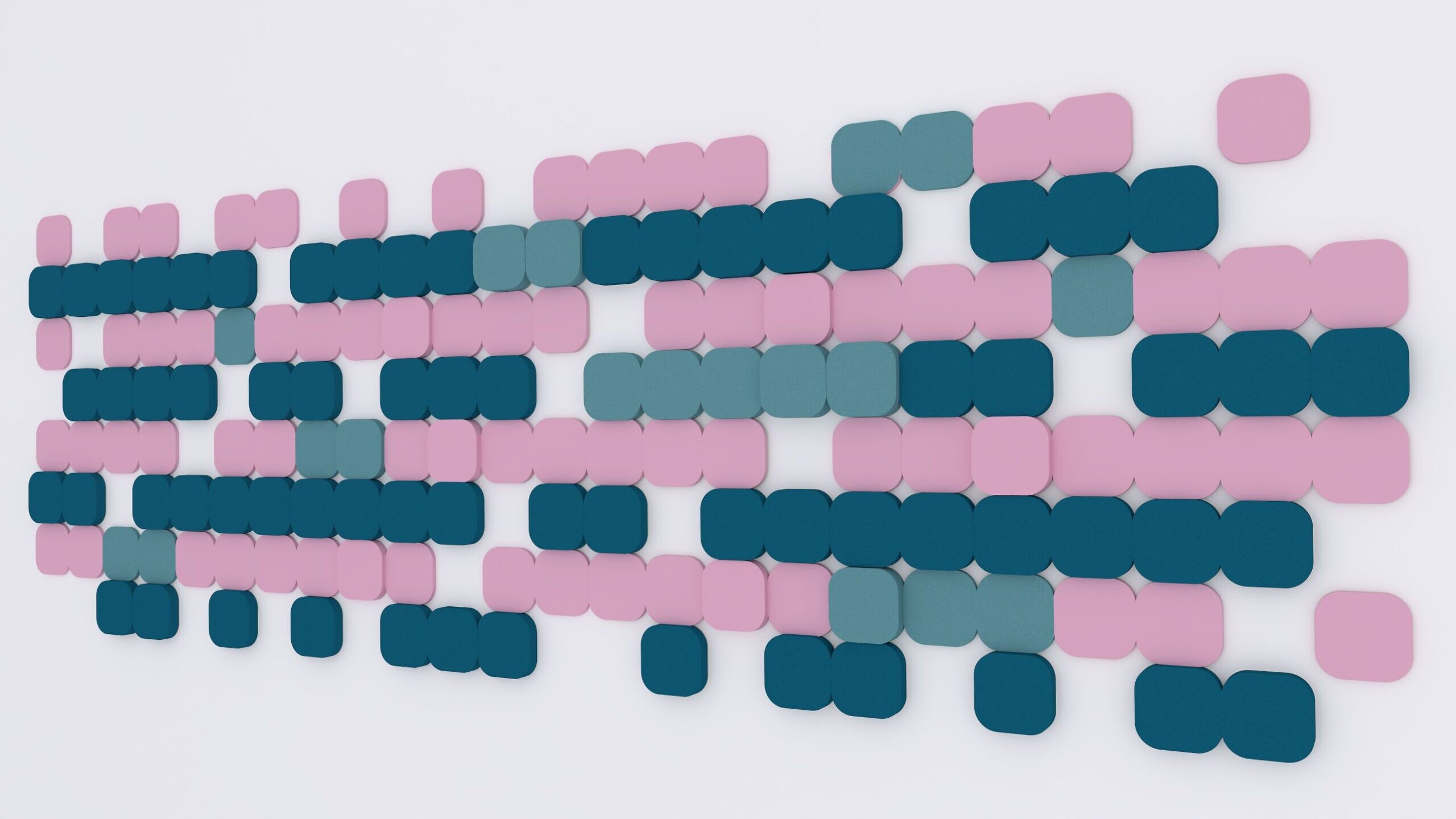 Panel akustyczny Fluffo o wzorze S Cut, składający się z różowych, miętowych i niebieskich elementów