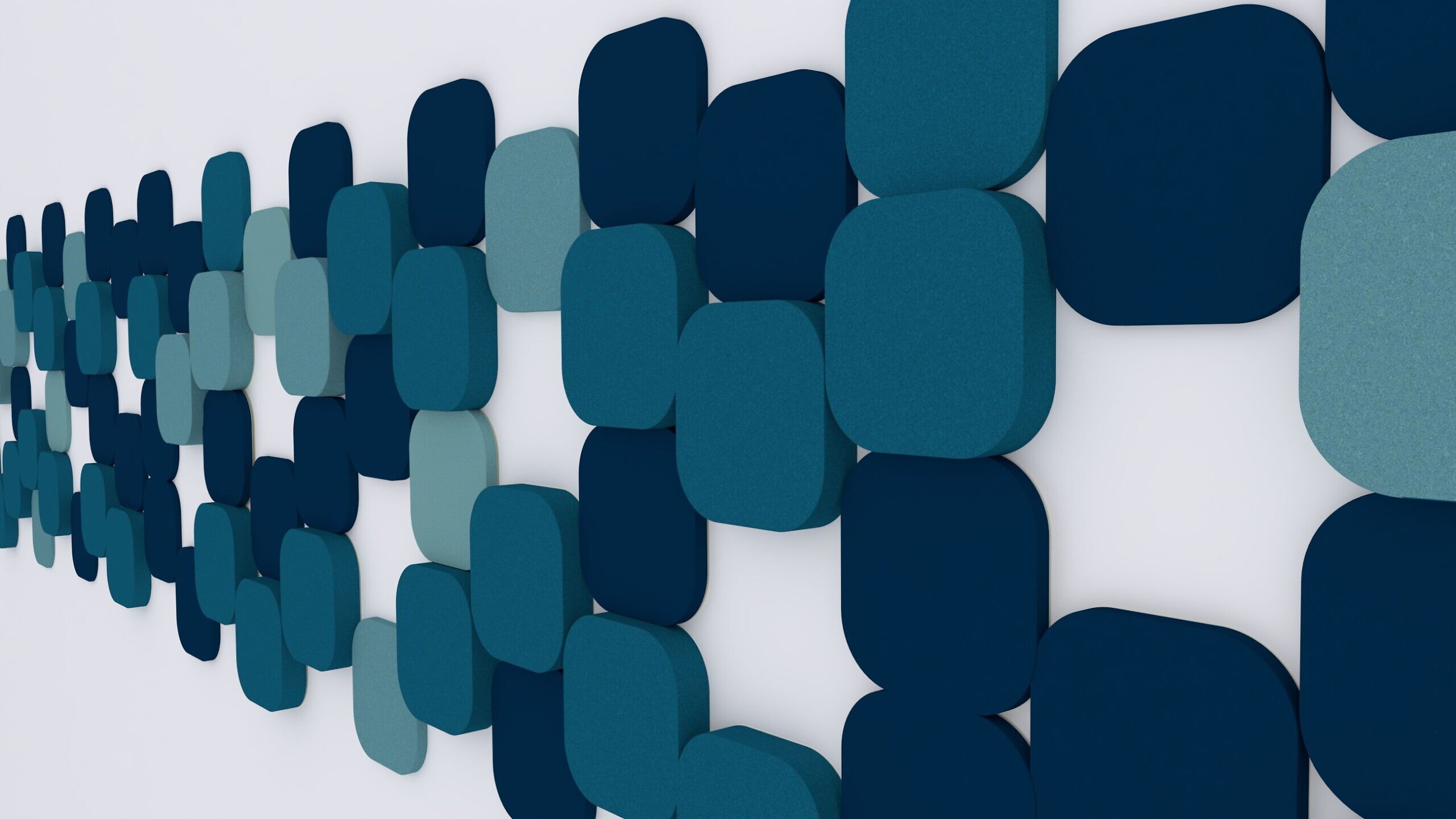 Boczny widok panelu akustycznego Fluffo o wzorze S Cut, złożonego z niebieskich i miętowych elementów