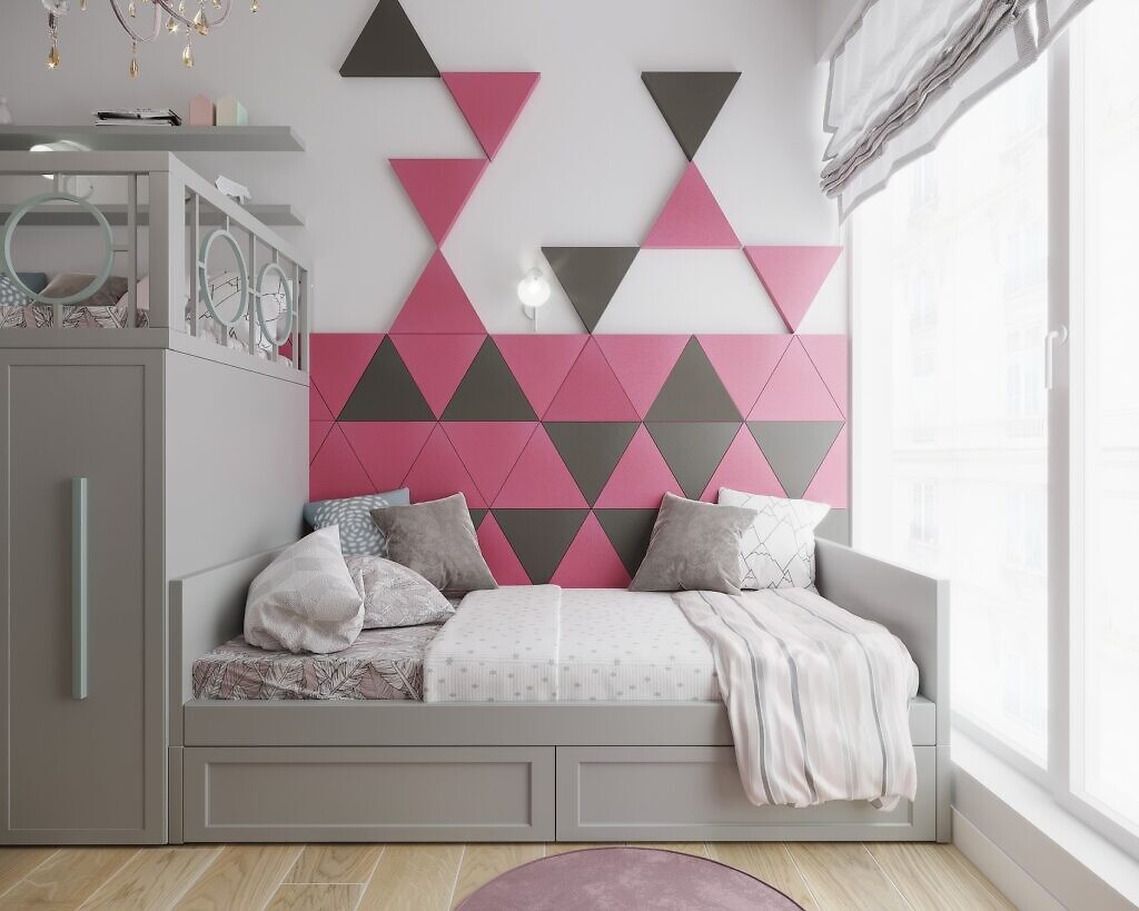Różowo brązowe miękkie panele ścienne 
w kształcie trójkątów